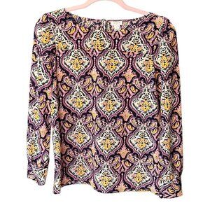 J Crew Womens Long Sleeve Chiffon Blouse Sz XS Multicolor Damask Mature Office